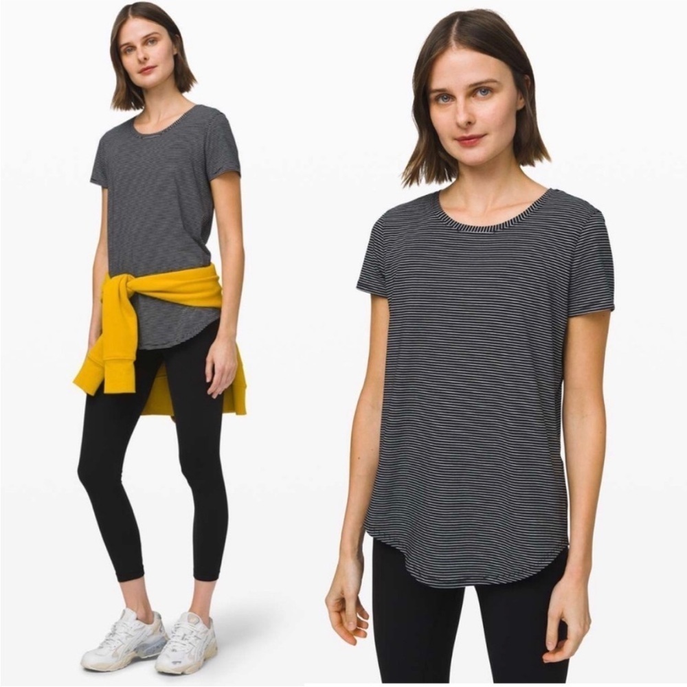 Lululemon Athletica Love Crew Tee Top T-shirt Curved Hem Pima Cotton Navy Blue - Picture 2 of 12